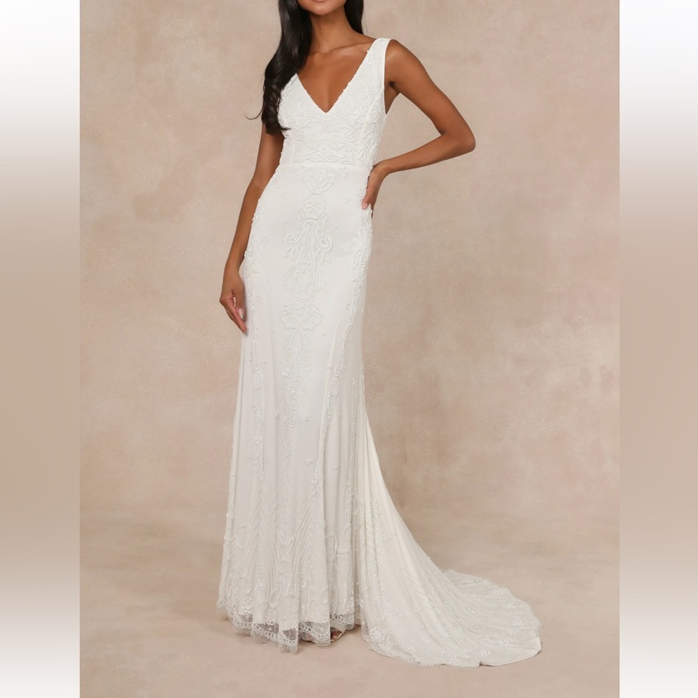 Lulus Passionate Romance White Beaded Sequin‎ Mermaid Maxi Wedding Dress Medium